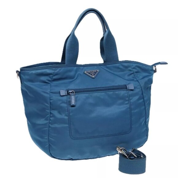 PRADA Shoulder Bag Nylon 2way Blue Silver Auth - Picture 1 of 16
